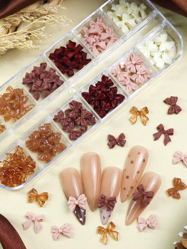 1box Autumn Winter Nails Maillard Color Brown Ribbon Bow Nail Charms Nail Parts Y2K Romantic Gentle Simple Burgundy Style Bows Nail Supplies Accessories For DIY Women's Nail Salon Design Decoration