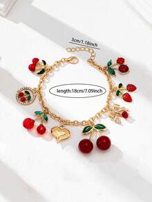 1件金色心形吊坠手链，配有蝴蝶结、牛仔帽、靴子和樱桃吊坠，女士珠宝礼物 - 彩色 - 查看 3