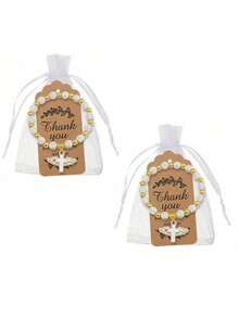 Set cadou brățară rozariu cu cruce și aripi de înger, 72 buc/24 seturi - Include brățară, pungă cadou și etichetă de mulțumire, pandantiv cruce cu brățară rozariu cu mărgele acrilice cu aripi de înger pentru femei și bărbați, botez, comuniune, nuntă, petrecere, Crăciun, cadou mic, en-gros (36/72 buc)