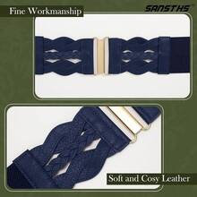 Vintage Stretchy Wide Elastic Belt With Gold Buckle For Women - Navy Blue - View 4