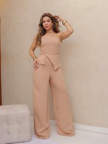 Women's Strapless Jumpsuit With Back Zipper And Button Details/Y009 - Beige - View 5