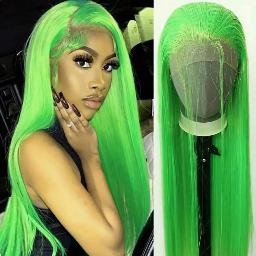 Aubree Fluorescent Green Wigs For Women Neon Green Long Straight Lace Front Synthetic Wigs With  Hair Glueless Heat Resistant Hair Replacement For Cosplay Party Christmas Gift,21680688 - 綠色 - 查看 1