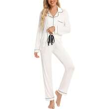 Women's Long Sleeve Button Down Pajama Sets Soft Loungewear Sleepwear For Women S-XXL - trắng - Xem 1