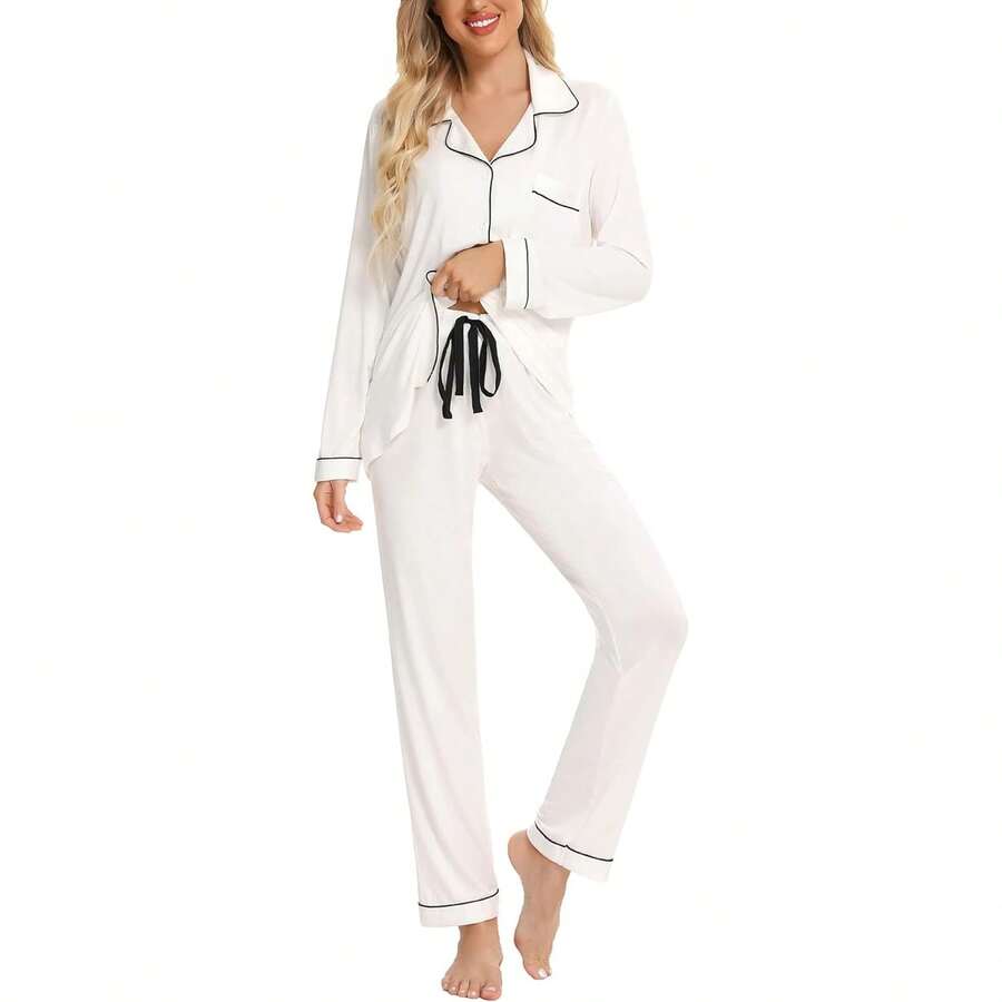 Women's Long Sleeve Button Down Pajama Sets Soft Loungewear Sleepwear For Women S-XXL - trắng - Xem 1