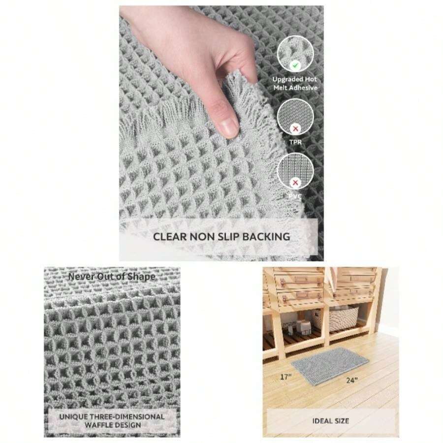 Tapete de bao tipo gofre, superabsorbente, antideslizante, para bao, lavable a mquina, con borlas, alfombras de bao para piso de bao, junto a la tina, 2x 6 pies, verde - Gris claro + 17" x 24" - Ver 1