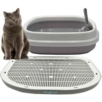 dognut Kit Arenero para Gato con Pala + Tapete Atrapa, Grande, Abierto, Base con Paredes, Gris y Blanco