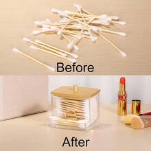 حامل أعواد القطن من الأكريليك مع غطاء من البامبو، موزع أعواد القطن الصغيرة الشفافة، حامل أعواد الأذن، حاوية تخزين أعواد الأسنان، منظم تخزين ديكوري لسطح الحمام، مجموعة غرفة النوم