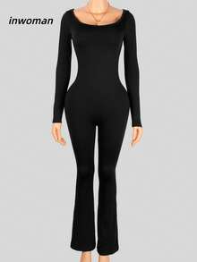 Bộ áo liền quần dài tay cổ cao màu trơn dành cho nữ, thích hợp cho các buổi đi chơi, tiệc tùng, lễ hội âm nhạc vào mùa thu. - màu đen - Xem 2