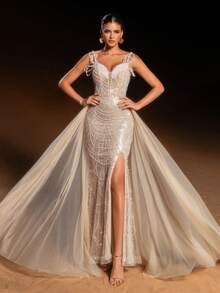 Faeriesty Luksusowa suknia wieczorowa typu syrena w stylu haute glamour z odkrytymi ramionami i koralikami, z cekinami i przezroczystymi, falbaniastymi rękawami | Koronkowe zdobienie z tyłu | Elegancki, formalny fason | Idealna na imprezy z czerwonym dywanem, wesela, gale i bale maturalne