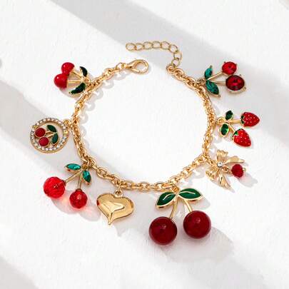 1 pieza Pulsera con colgante de corazón dorado con dijes de lazo, sombrero vaquero, botas y cereza, regalo de joyería para mujeres