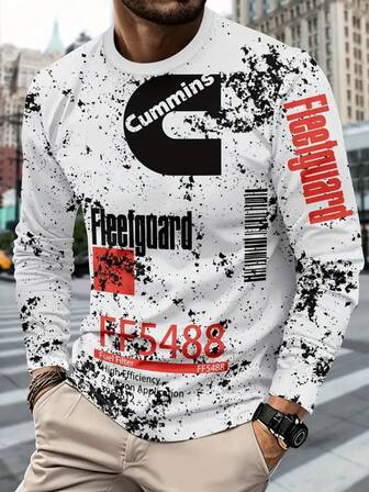 Men's 3D Printed Loose Long Sleeved T-Shirt With Black And White Splashed Ink, Casual Street Style Round Neck Top, Autumn And Winter Layering