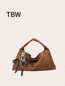 Ladies' Handbag Crescent Bag Brown Suede With Bead Bow Tie Matte Finish Lazy Retro Versatile Commuting Style Shoulder Underarm For Outings, Autumn And Winter.