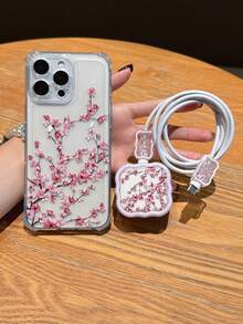 4-In-1 Set (1pc Shockproof Phone Case + 1pc UK Plug Charger Wave Pattern Protector + 2pcs Data Cable Wave Pattern Protectors) UV Painted Pink Plum Blossom Pattern Suitable For UK Standard Apple 17/17Pro/17ProMax/Air/16/16Pro/16ProMax/16Plus/7/8/7P/8P/X/XS/XR/XSMax/11/11Pro/11ProMax/12/12Pro/12ProMax/13/13Pro/13ProMax/14/14Pro/14Plus/14ProMax/15/15Pro/15Plus/15ProMax - Multicolor - View 2