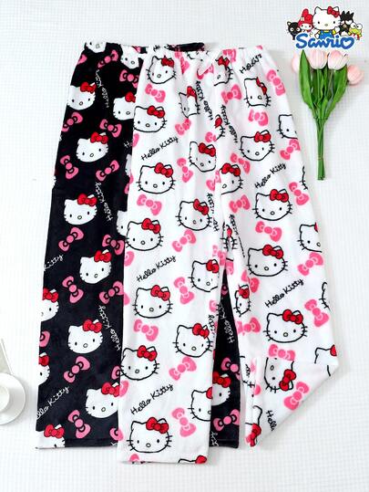 Sanrio 2 piezas Pantalones de pijama de franela suave, opaca y cómoda con diseño de Hello Kitty para mujer, para uso en casa y tiempo libre, ropa de otoño/invierno, cálida