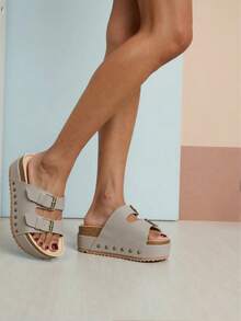 Urban Lift  Plain  Casual  Outdoor  PU Leather  Buckle    Platform Slide Sandal  Outdoor - TAUPE - 查看 1