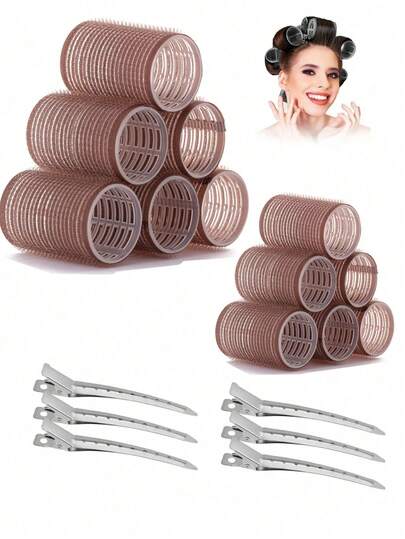 18件套/大号卷发器套装，带夹子，自粘式卷发器，适用于长发/中长发/短发和刘海，DIY卷发工具（包含12个大号卷发管+6个夹子），卷发器，卷发梳，卷发器，卷发产品，卷发器，卷发卷发器，卷发工具，卷发器，卷发器，卷发，无热卷发，无热卷发，卷发器