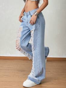 女士宽松破洞阔腿低腰桶形牛仔裤，休闲款 - 淺色水洗藍 - 查看 1