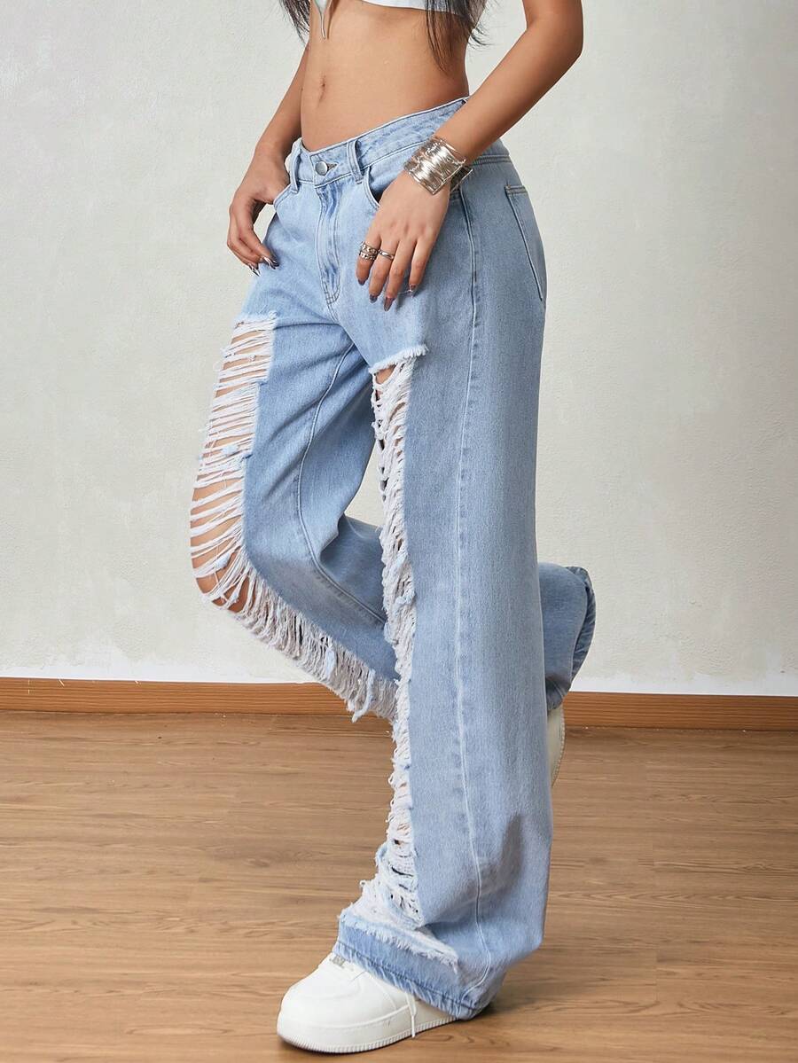 女士宽松破洞阔腿低腰桶形牛仔裤，休闲款 - 淺色水洗藍 - 查看 1
