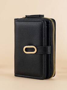 女士中号钱包 拉链零钱包 按扣 纹理皮革质感 多功能钱包 大容量卡包 女士零钱包 迷你钱包 小钱包 可爱钱包 卡包 零钱包 - 黑色 - 查看 1
