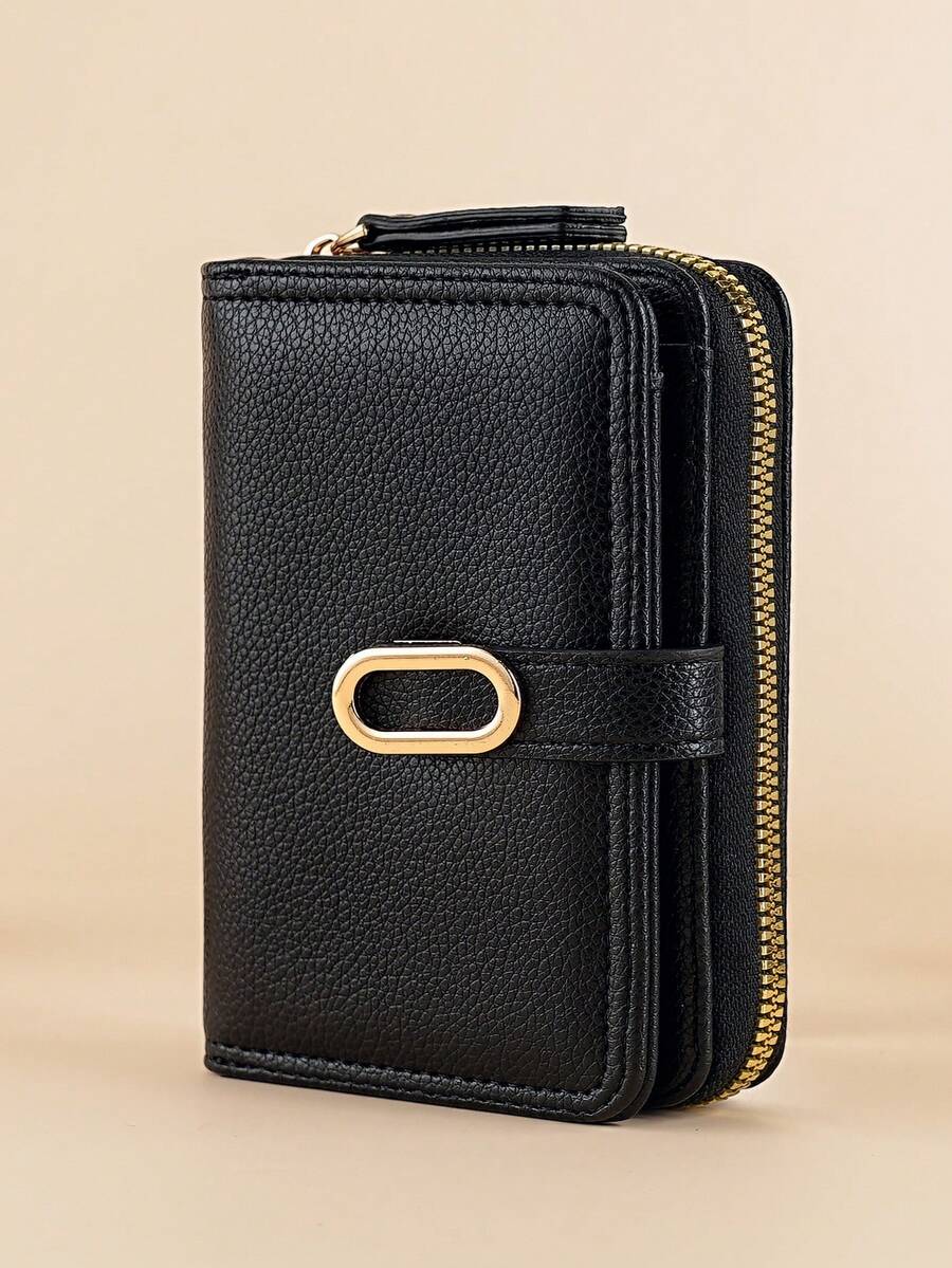 女士中号钱包 拉链零钱包 按扣 纹理皮革质感 多功能钱包 大容量卡包 女士零钱包 迷你钱包 小钱包 可爱钱包 卡包 零钱包 - 黑色 - 查看 1