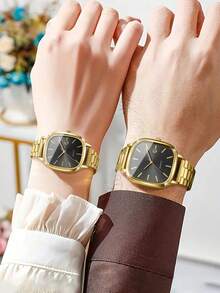 2 件/套时尚情侣简约表盘日历石英腕表，经典时尚 - 金色 - 查看 2