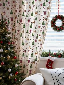 1pc Christmas Tree & Reindeer Gift Pattern Curtain, Christmas Style Fabric With White Tassel Details, Blackout Decorative Curtain For Bedroom, Kitchen, Living Room, Hotel, Restaurant, Christmas Holiday Decor