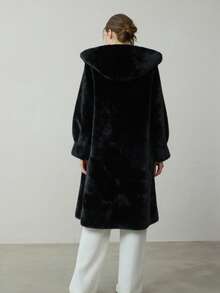 2025新款高端仿貂绒连帽人造皮草大衣，女士长款保暖冬季外套，奢华人造皮草冬季外套，女士冬季外衣，新年、感恩节服装，女士冬季皮草大衣，毛绒外套，人造皮草大衣，女士仿皮草大衣 - 黑色 - 查看 2