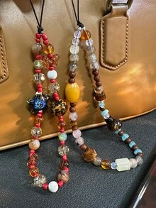 秋冬复古琥珀硬糖小众捷克串珠念珠氛围手机挂绳，棕色调CCD链手机吊饰 - 彩色 - 查看 8