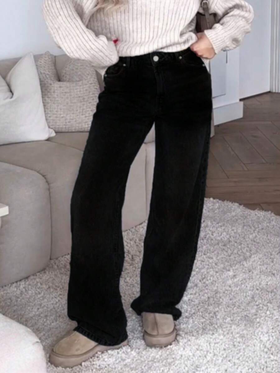 MYOURSA Women's Casual Distressed Vintage Straight Leg Jeans - Black - View 1