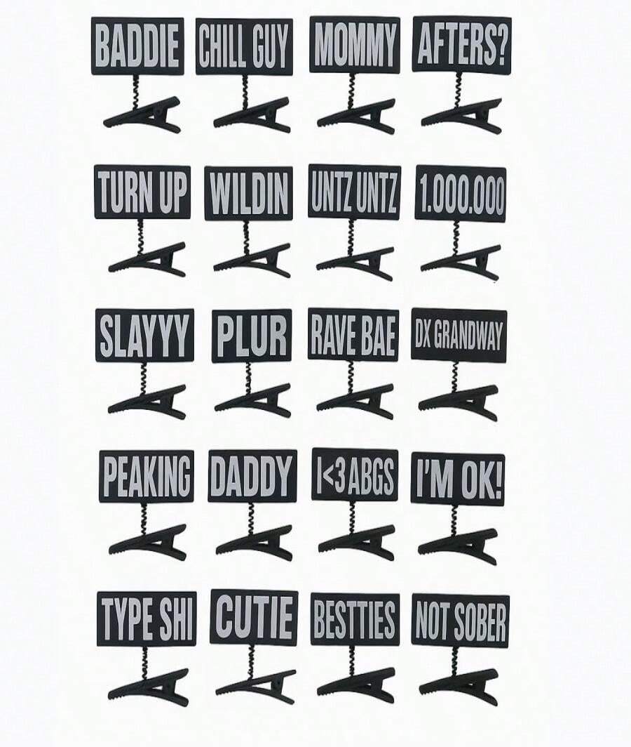 20PC WORDS Word Clips For Hair Word Sprout Pack Black White FunnySprouts Phrases Slang Rave Plur Festival EDM Concert Cute Small Hairpins Headwear Hair Accessories - ColorF - 查看 1