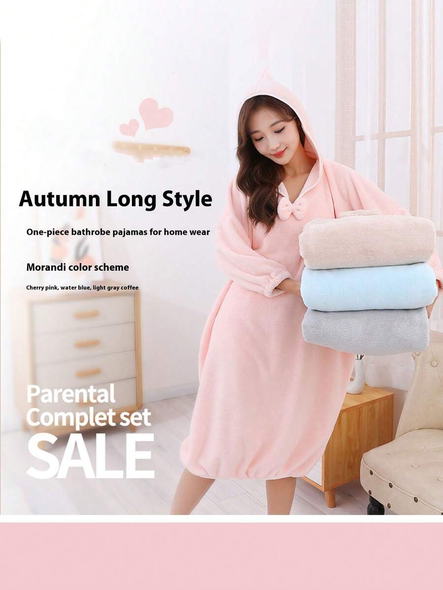 Neue korallrote Fleece-Bademantel mit Kapuze, dick und saugfähig, langärmlig, geeignet als Loungewear für Frauen