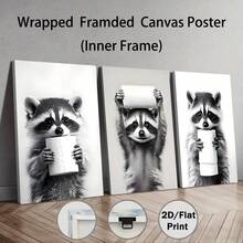 3 Sets dekorative minimalistische Tierprint Leinwandbilder - Waschbär und Toilettenpapier - interessante Badezimmer Dekorationsplakate, geeignet für Büro-, Wohn- oder Schlafzimmerdekoration, Restaurant - wahlweise mit Rahmen, Innenkunstdruck, Wandkunst mit Rahmen