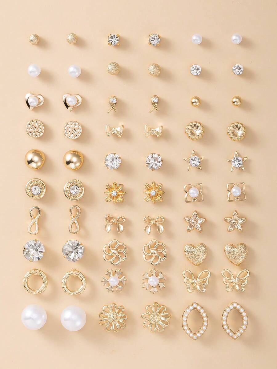 60件套时尚金属蝴蝶、爱心、水钻、月亮、蝴蝶结、花朵耳钉套装，珠宝礼品，适合女性日常佩戴 - 金黃色 - 查看 1