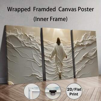 一套三张木框帆布海报，描绘耶稣的宗教艺术，非常适合现代客厅、卧室、浴室、办公室、咖啡厅、健身房以及节日家居装饰的墙面装饰。精美的印刷品，适合走廊装饰，也是馈赠亲友的理想礼物。带框墙面艺术