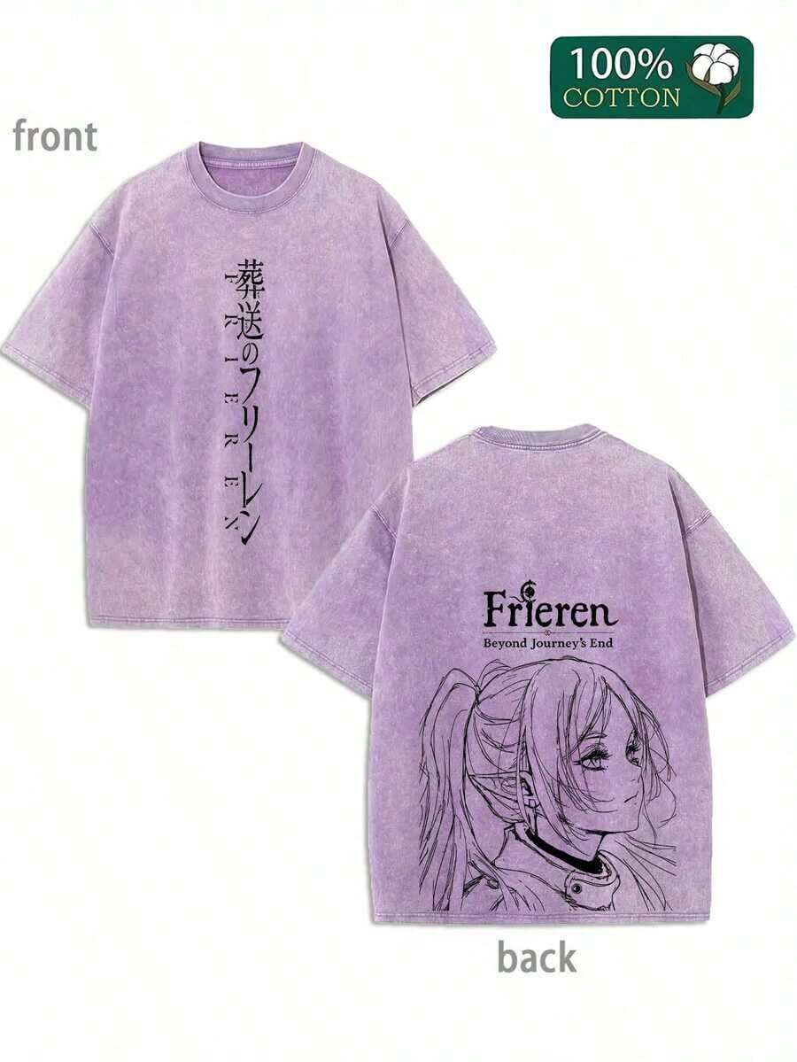 1pc Frieren Shirt - Beyond Journey's End Anime DoublePrinted Vintage Washed Tee Unisex OversizeHeavyweight Cotton T-Shirt For Anime Fans AndLovers Graphic Tee Shirts - Màu tím - Xem 1