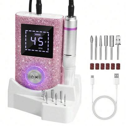 Máy mài móng chuyên nghiệp sạc điện 45.000 vòng/phút với màn hình HD và mũi khoan móng bằng kim loại, có thể dùng như máy tiện và máy chà nhám móng.