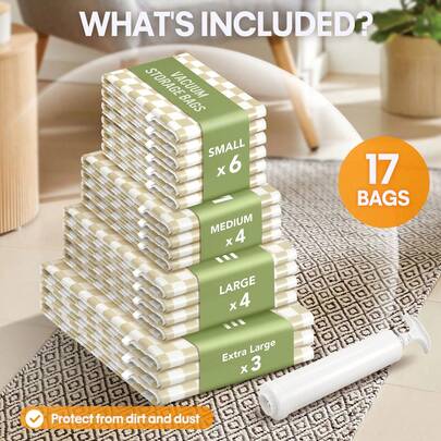 17pcs Vacuum Storage Bags Vacuum-Sealed Bags With 1 Hand Pump,Compresses Bedding, Clothes & Pillows, Durable Saves Space, For Home Storage, Dorm Room,Travel  Accessories