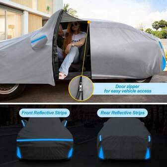 Car Grey Zipper Car Cover, The Cover Is Scratch-Resistant, Portable And Easy To Install, Protects From UV Rays Without Absorbing Heat, Durable And Does Not Fade, Contains Orange Fluorescent Strips For Protection, Suitable For All Cars.