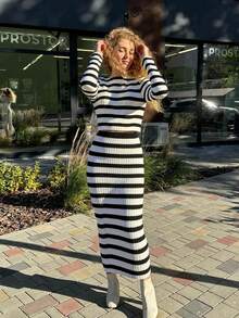 HoloChill Women's Colorblock Striped Casual 2-Piece Set: Crew Neck Long Sleeve Sweater And Long Bodycon Skirt, 2025 Autumn/Winter New Arrival