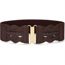 Vintage Stretchy Wide Elastic Belt With Gold Buckle For Women - 咖啡 - 查看 1