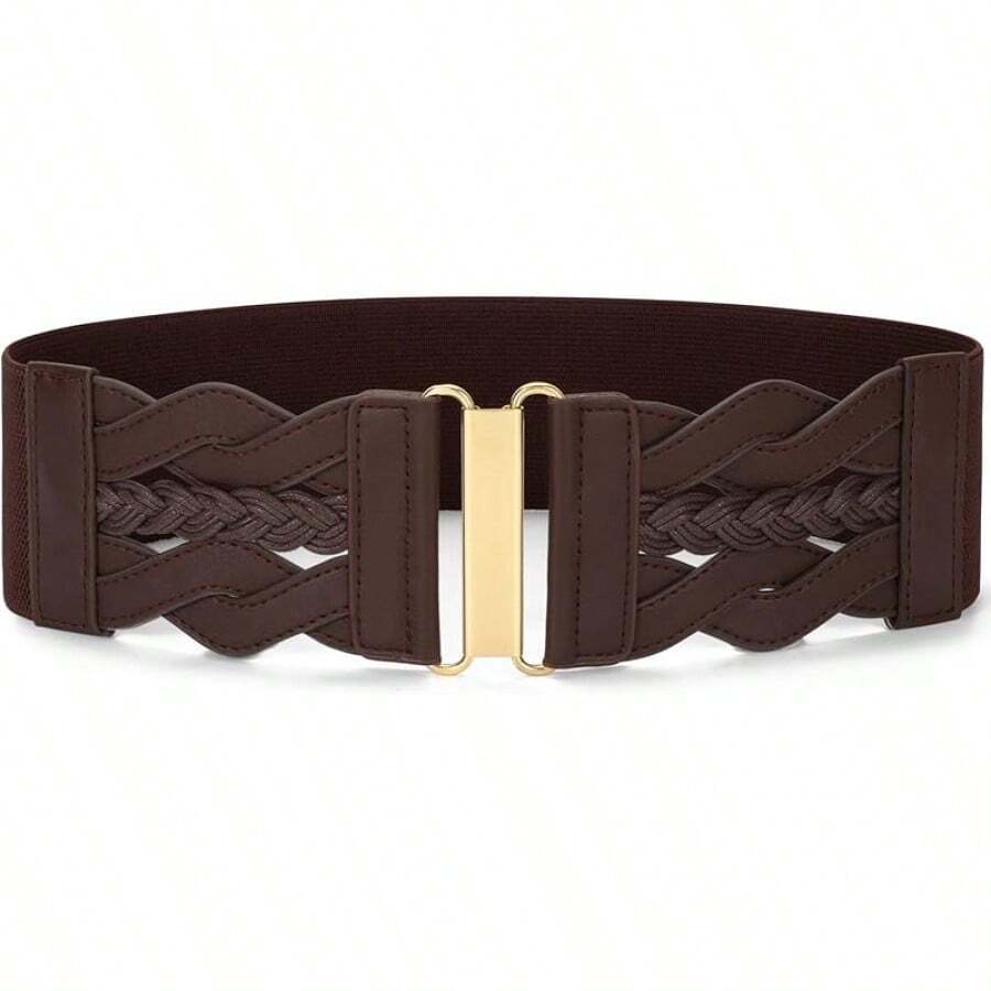 Vintage Stretchy Wide Elastic Belt With Gold Buckle For Women - 咖啡 - 查看 1