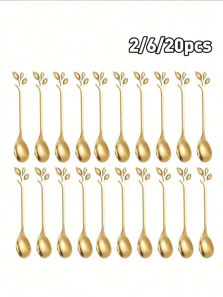 2pcs/6pcs/20pcs Stainless Steel Leaf Shaped Coffee/Tea/Dessert Spoons Shaped Coffee Stirring Spoon, Dessert Spoon, Suitable For Kitchen, Restaurant, Afternoon Tea, Wedding And Party Spoons,Kitchen,Christmas Gift - Multicolor - View 1