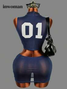 3pcs/Set Summer Mesh Sheer Dress Outfit, Floral Print Off-Shoulder Sexy Birthday Party Dress - Blue - View 3