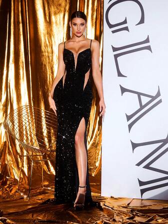 Robe de soirée longue fendue sexy avec dos nu, col en V et bretelles spaghetti pailletée noire