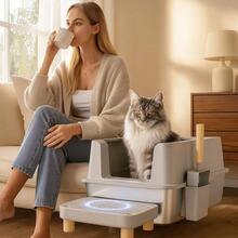 Arenero para Gato de Acero Inoxidable con Tapa - Caja de Arenero X - Caja de Autolimpiable con Pala y Filtro Antifugas, para Gatos Grandes, 60x40x30CM, Diseo Espacioso, Gris - Gris Claro - Ver 8