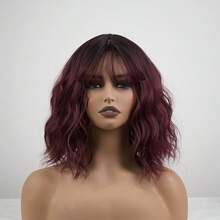 14" Burgundy OmbreShort Curly Bob Wig With Bangs For Women - Matte Heat-Resistant Fiber | Breathable Rose Net | Women Christmas Holiday Daily Wear - 酒紅色 - 查看 4