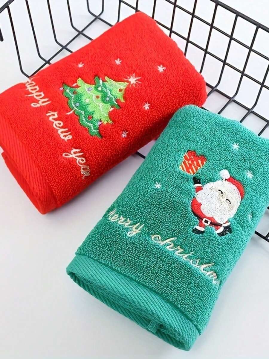 2PCS Christmas & New Year Towels Set, Holiday Themed Pure Bath And Face Towels, Soft Comfortable Absorbent Fabric, Perfect Gift, No Electricity Needed - Red & Green