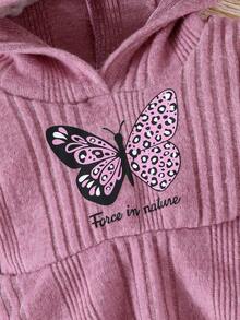 2 件套女婴甜美温柔蝴蝶印花字母针织连帽衫和裤子套装 - 紫丁香色 - 查看 4