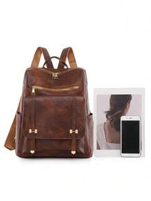 棕色调学院风多功能通勤背包 - 棕色 - 查看 5