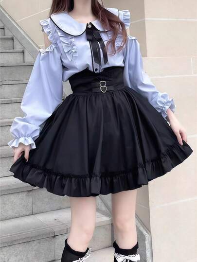 1pc Cute Japanese School Style Bow Shoulder Exposed JK Uniform 2 Pieces Set, Cosplay Costume Outfit, Suitable For Christmas, Valentine's Day, Any Holiday, Includes Top + Skirt
